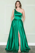Green Emerald One Shoulder Evening Gown with and High Side Slit for Formal Events