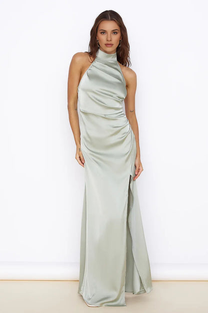 Sophisticated Elegant Light Blue Satin Mermaid High Neck Sleeveless Floor-Length Prom Dress