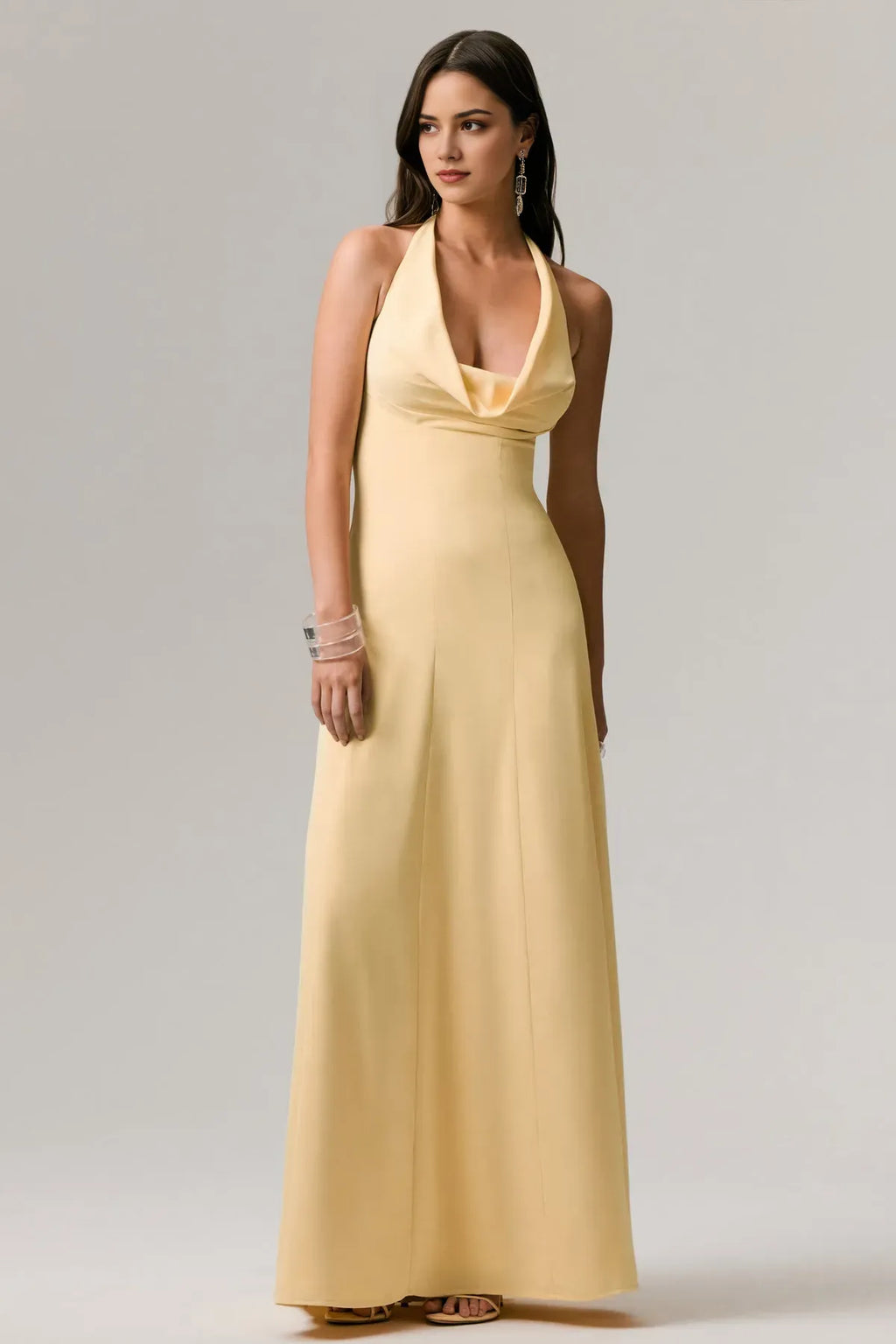 Yellow Pale Halter - Neck Prom Dress with Cowl Neckline for Formal Galas