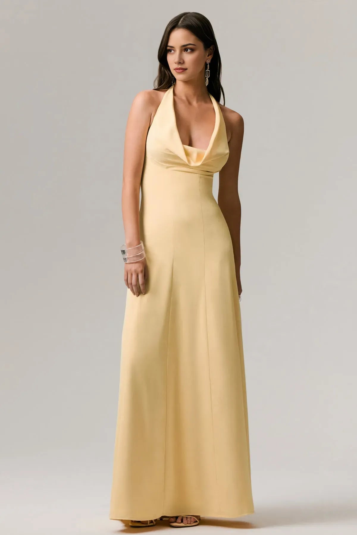 Yellow Pale Halter - Neck Prom Dress with Cowl Neckline for Formal Galas