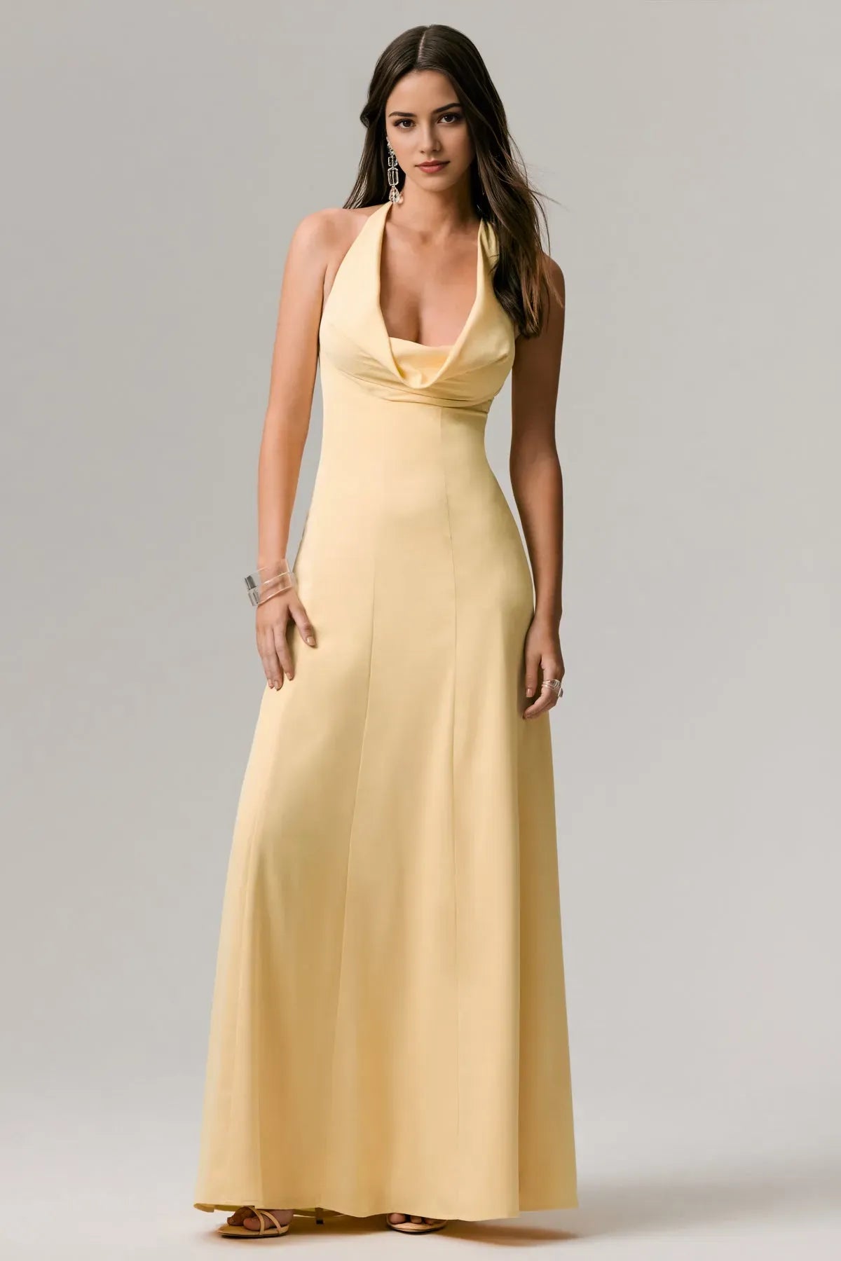 Yellow Pale Halter - Neck Prom Dress with Cowl Neckline for Formal Galas