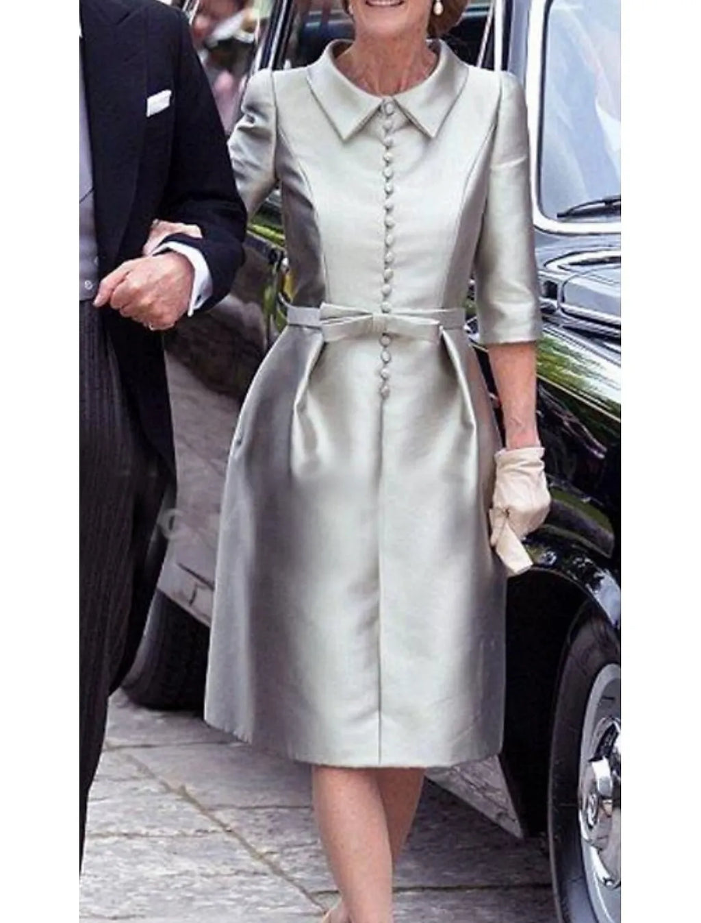 Sophisticated Graceful Stylish Refined Elegant Silver Satin Sheath Pleated Knee-Length Cocktail Dress
