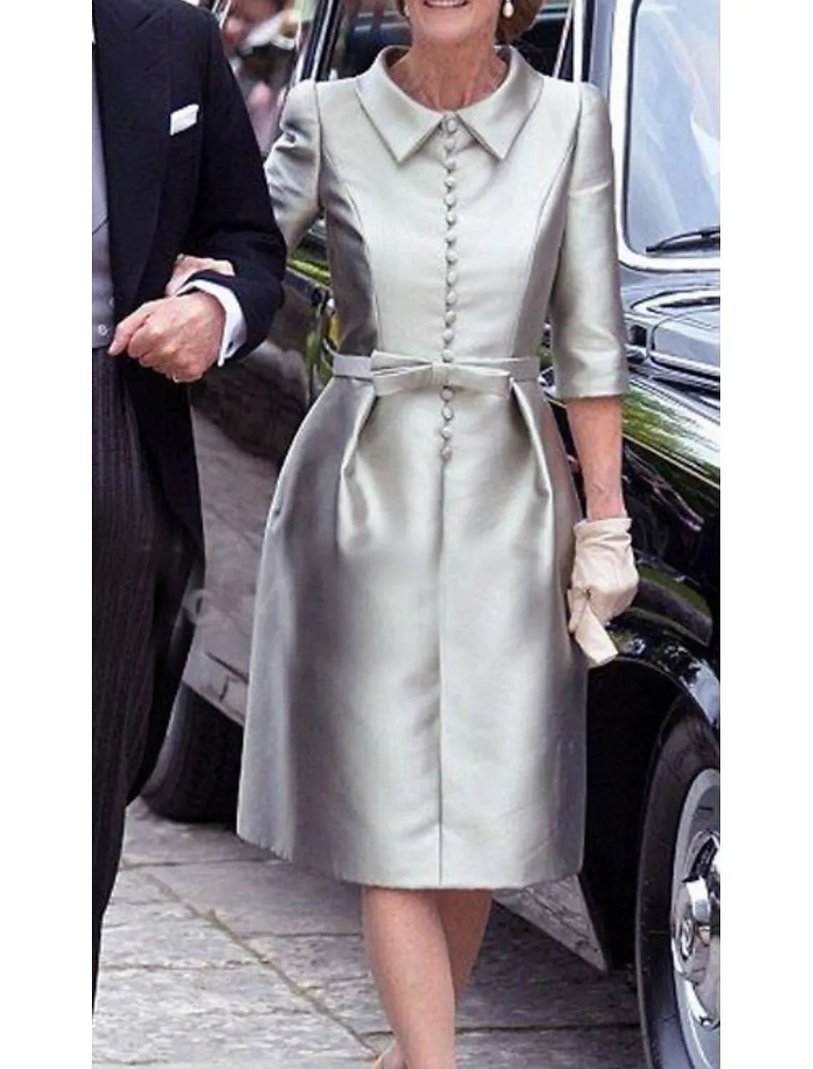 Sophisticated Graceful Stylish Refined Elegant Silver Satin Sheath Pleated Knee-Length Cocktail Dress