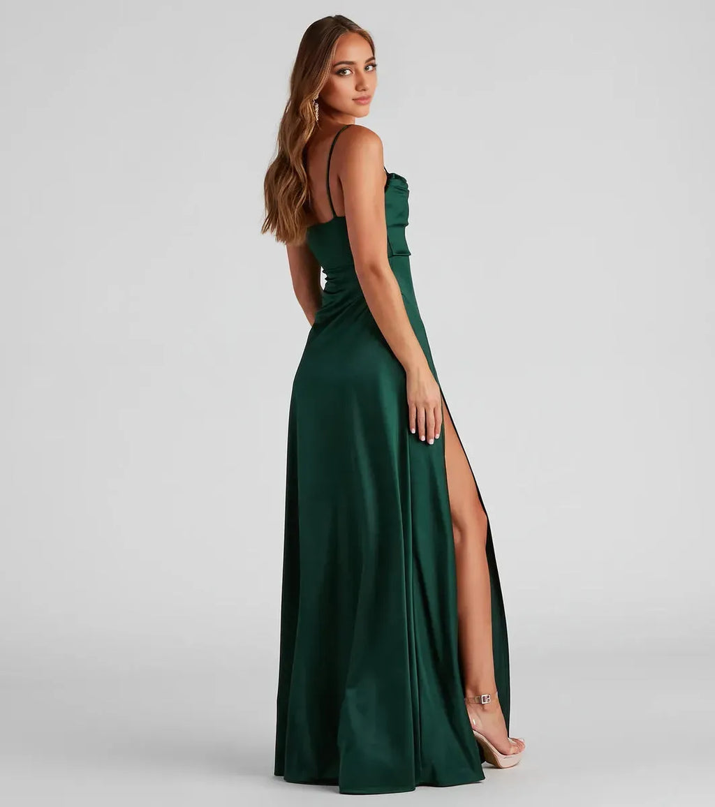 Sheath Cowl Neckline Spaghetti-Strap Sleeveless Back Zip pleated High Side Slit Floor-Length Prom Dresses