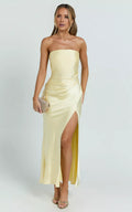 Pale Yellow Strapless Ruched High-Slit Floor-Length Prom Dress