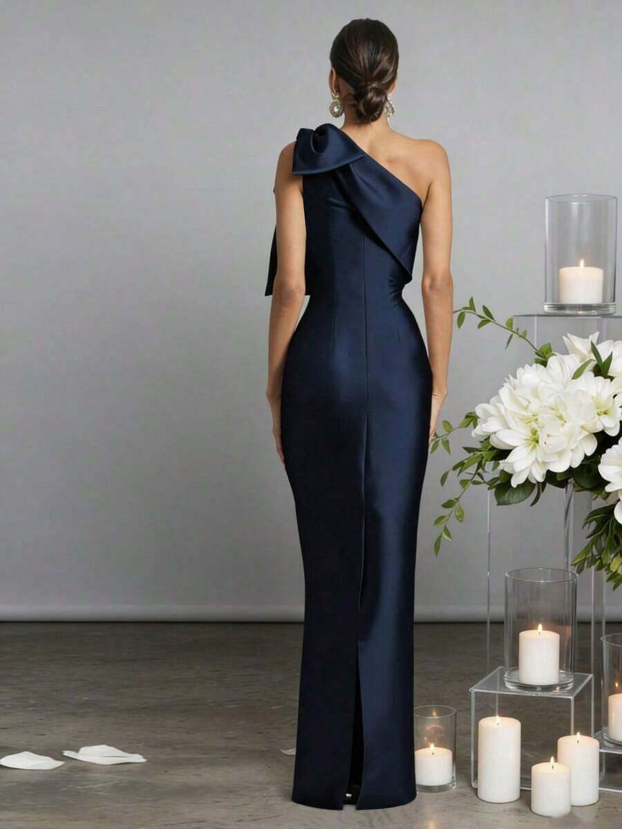 Timeless Special Occasion Sophisticated Elegant Navy Blue Sheath One-Shoulder Floor-Length Prom Dress