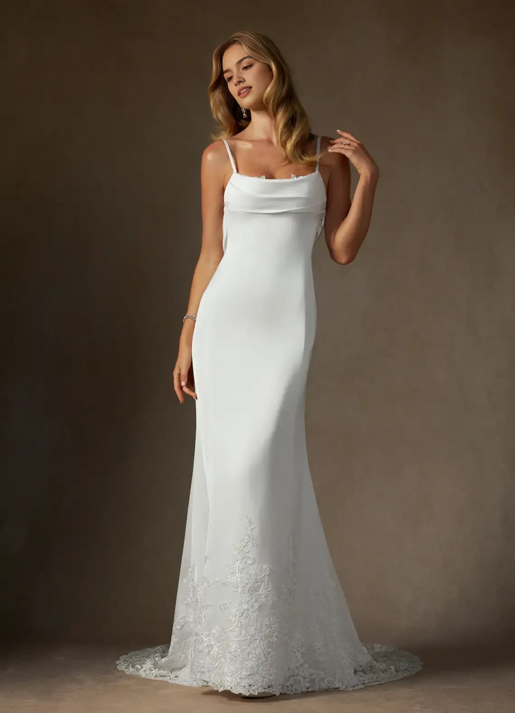 Spaghetti Strap Wedding Dress Cowl Neckline Sheer Train Figure Hugging Silhouette Perfect for Timeless Bridal Looks
