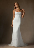 Spaghetti Strap Wedding Dress Cowl Neckline Sheer Train Figure Hugging Silhouette Perfect for Timeless Bridal Looks