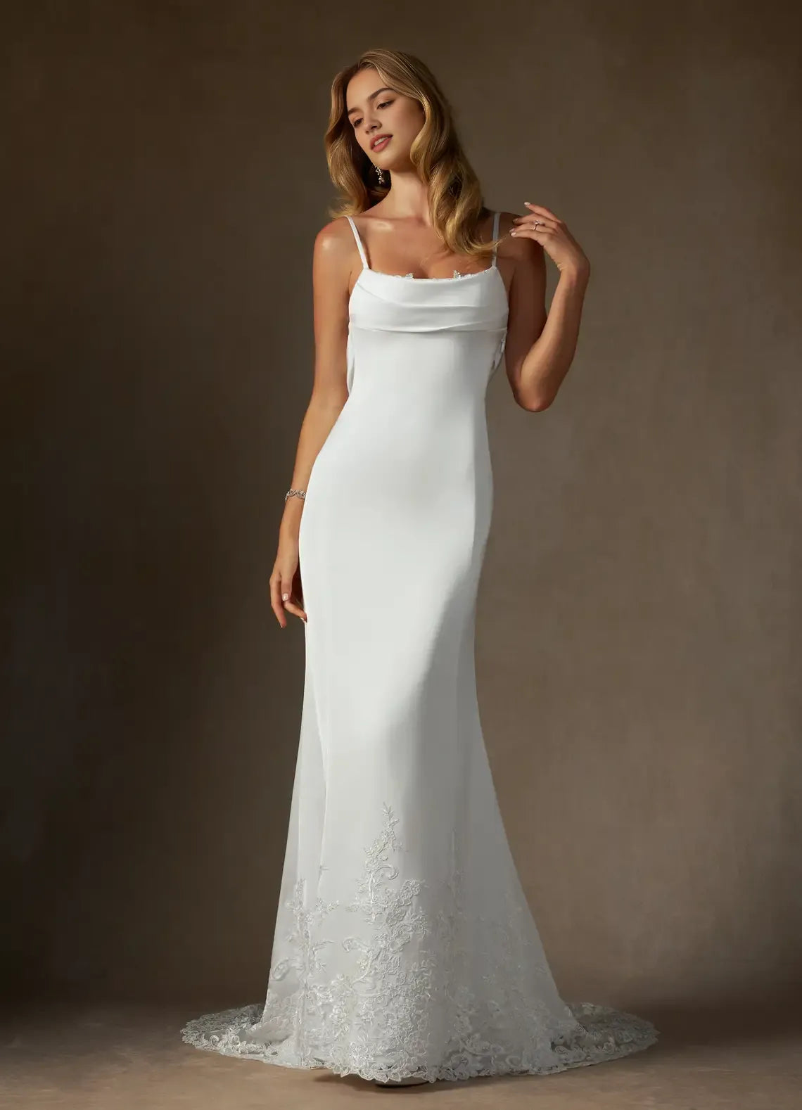 Spaghetti Strap Wedding Dress Cowl Neckline Sheer Train Figure Hugging Silhouette Perfect for Timeless Bridal Looks