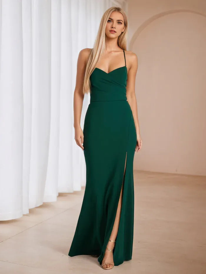 Green Emerald Prom Dress with Thin Straps and High Slit Timeless Sophistication for Formal Galas
