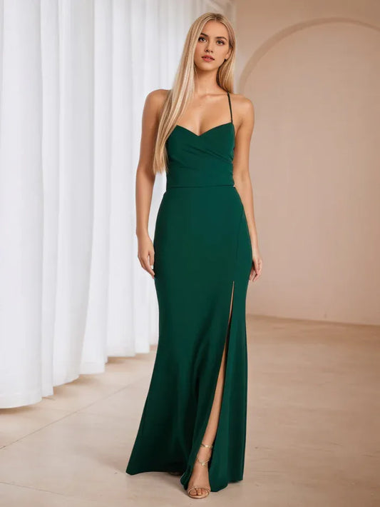 Elegant Green Slit A-Line Classic-Neck Classic-Sleeve Classic-Back Floor-Length Prom Dress
