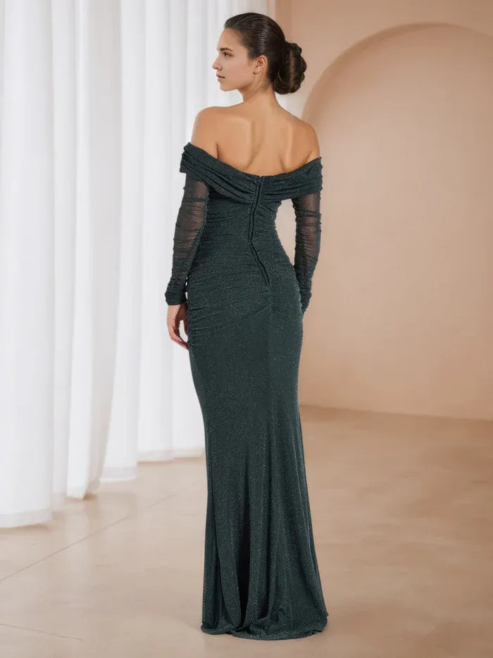 Green Emerald Evening Off - Shoulder Gown Sheer Sleeves Sparkle Fabric for Timeless Allure