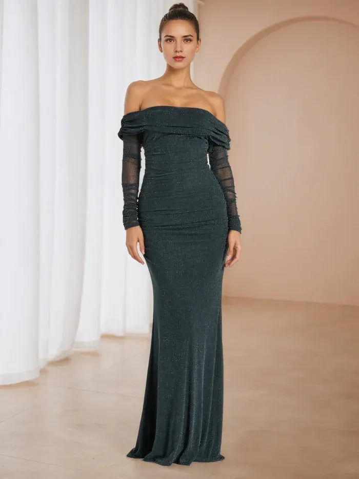 Green Emerald Evening Off - Shoulder Gown Sheer Sleeves Sparkle Fabric for Timeless Allure