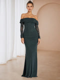Green Emerald Evening Off - Shoulder Gown Sheer Sleeves Sparkle Fabric for Timeless Allure