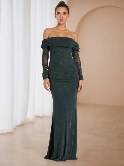 Elegant Green A-Line Classic-Neck Classic-Sleeve Classic-Back Floor-Length Prom Dress