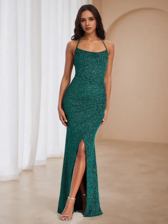 Green Emerald Glitter Mermaid Prom Dress Cowl Neckline Spaghetti Straps Side Slit for a Dazzling Gala Entrance