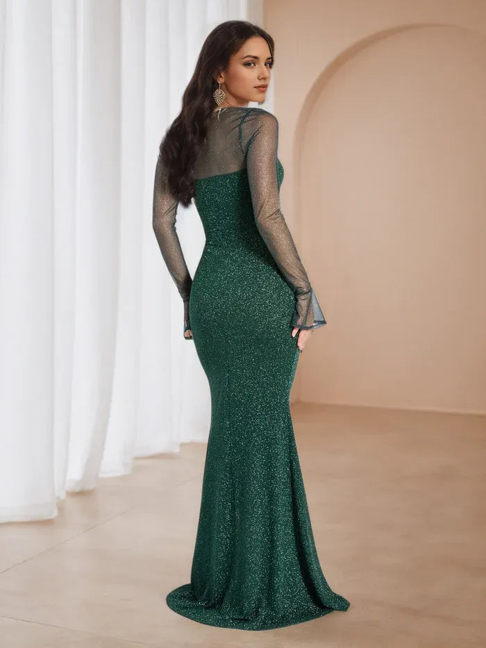 Green Emerald Glitter Prom Dress Sheer Sleeves Sweetheart Neckline Side Slit for a Captivating Gala Look