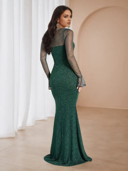 Elegant Green Slit A-Line Sweetheart Classic-Sleeve Classic-Back Floor-Length Prom Dress
