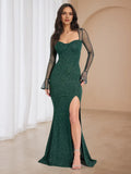 Green Emerald Glitter Prom Dress Sheer Sleeves Sweetheart Neckline Side Slit for a Captivating Gala Look