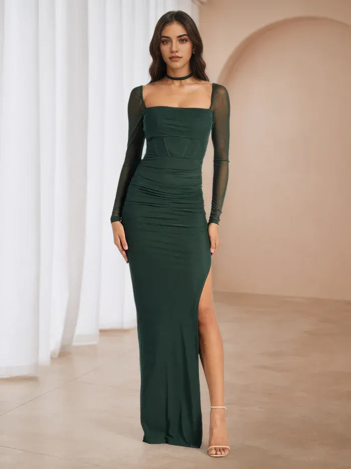 Green Emerald Sleeve Ruched Prom Dress with Square Neck Side Slit Formal Evening Gown for Dance Events