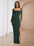 Green Emerald Sleeve Ruched Prom Dress with Square Neck Side Slit Formal Evening Gown for Dance Events