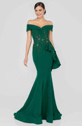 Green Emerald Off - Shoulder Evening Dresses with Floral Appliqu¨¦s Ruffled Side Detail and Mermaid Silhouette for Formal