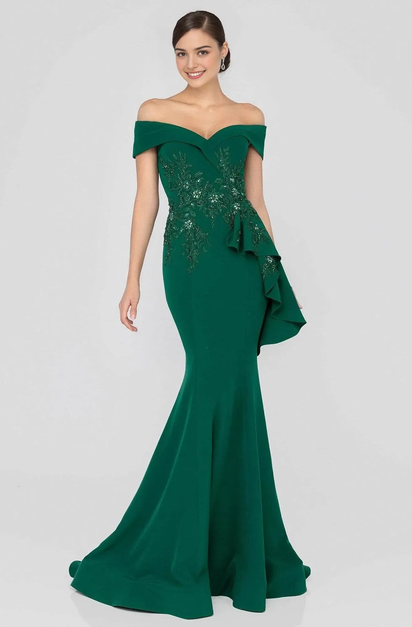 Green Emerald Off - Shoulder Evening Dresses with Floral Appliqu¨¦s Ruffled Side Detail and Mermaid Silhouette for Formal