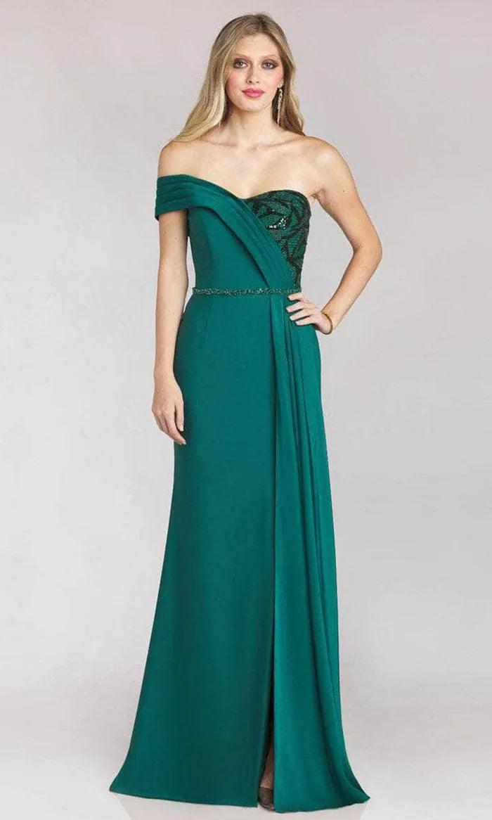 Green Emerald Off - Shoulder Evening Dress with Bodice Accent Waist Belt, and Draped Skirt for Glamorous Occasions