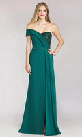 Green Emerald Off - Shoulder Evening Dress with Bodice Accent Waist Belt, and Draped Skirt for Glamorous Occasions