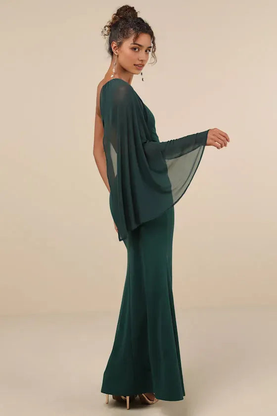 Green Emerald One - Shoulder Prom Dress with Cape Sleeve Bodycon Fit and High - Thigh Side Slit Perfect for Formal Galas