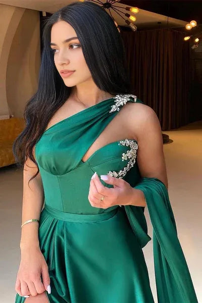 Green Emerald One Shoulder Evening Dress Long With Split Beads