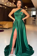 Green Emerald One Shoulder Evening Dress Long With Split Beads