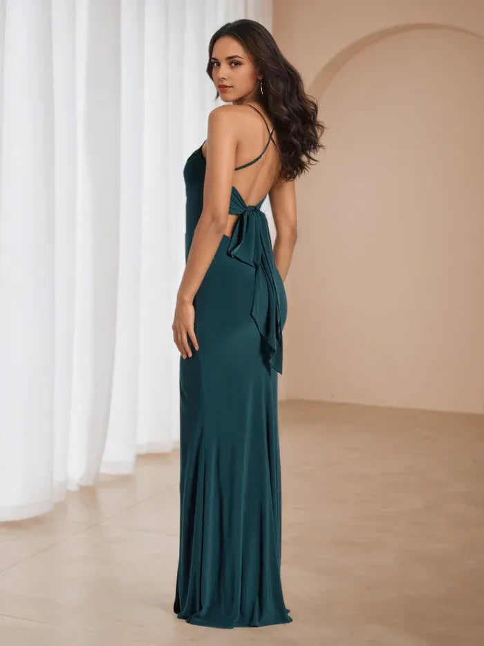 Green Emerald Ruched Prom Dress Cowl Neckline Spaghetti Straps Side Slit for Timeless Gala Elegance