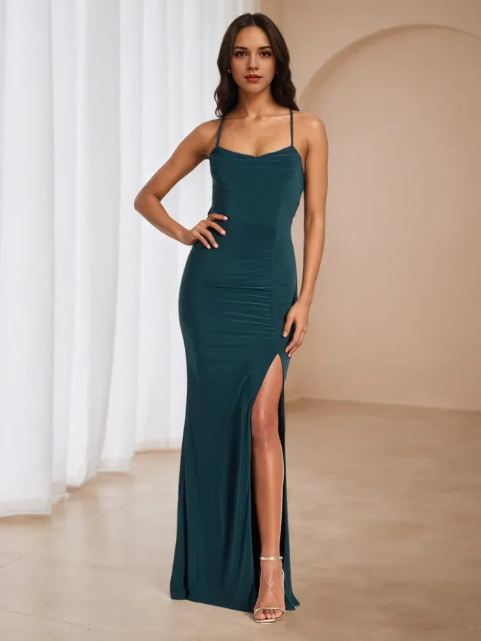 Green Emerald Ruched Prom Dress Cowl Neckline Spaghetti Straps Side Slit for Timeless Gala Elegance