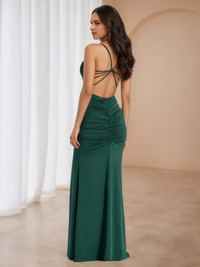 Green Emerald Ruched Prom Dress Square NecklineThin Straps Side Slit for Timeless Gala Elegance