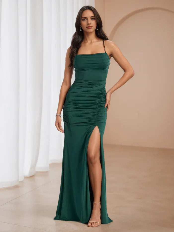 Green Emerald Ruched Prom Dress Square NecklineThin Straps Side Slit for Timeless Gala Elegance
