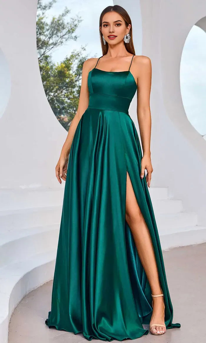 Green Emerald Evening Dresses with Spaghetti Straps Square Neckline and High Side Slit Ideal for Formal Galas and Elegant Occasions