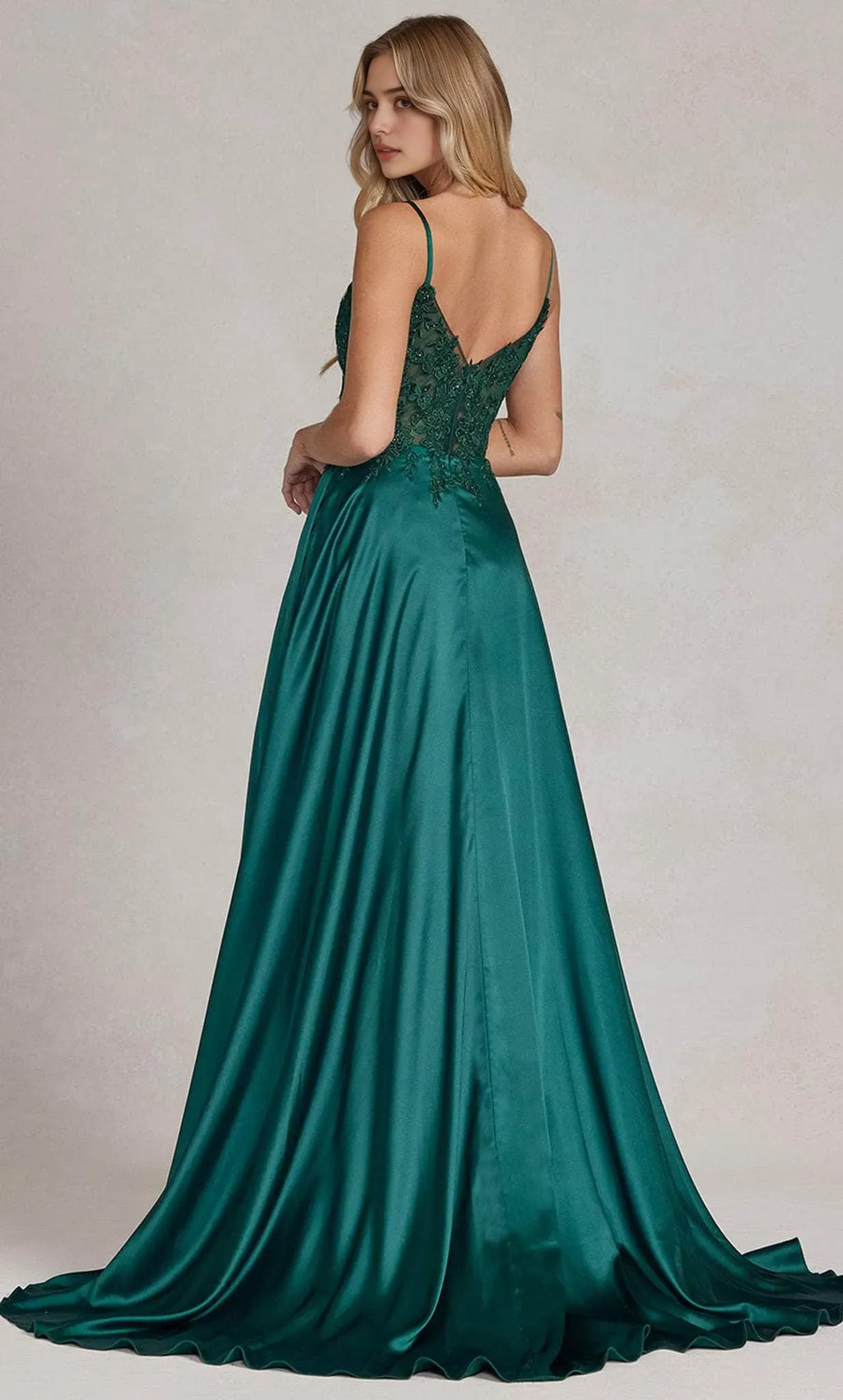 Green Emerald Evening Gown with Spaghetti Straps - Bodice, and Dramatic High - Slit Skirt