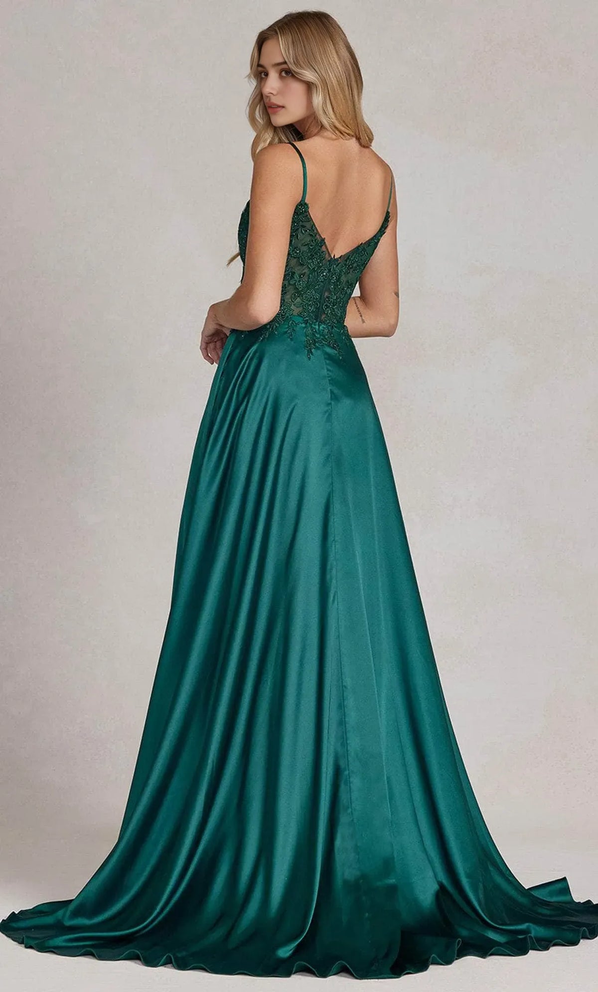 Green Emerald Evening Gown with Spaghetti Straps - Bodice, and Dramatic High - Slit Skirt