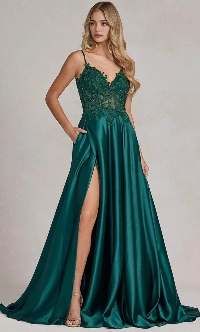 Green Emerald Evening Gown with Spaghetti Straps - Bodice, and Dramatic High - Slit Skirt