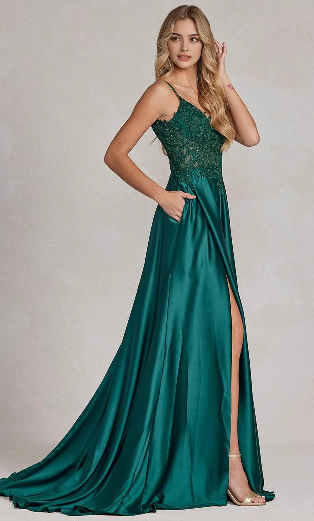 Green Emerald Evening Gown with Spaghetti Straps - Bodice, and Dramatic High - Slit Skirt