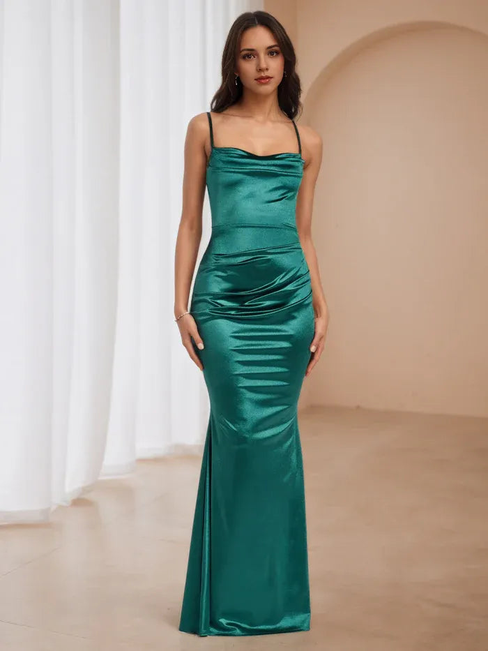 Green Emerald Prom Dress Cowl Neckline Spaghetti Straps Mermaid Silhouette for Timeless Gala Elegance