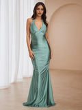 Green Emerald Prom Dress Halter Neck Plunge V Line Ruched Mermaid Fit for Enchanting Galas”
