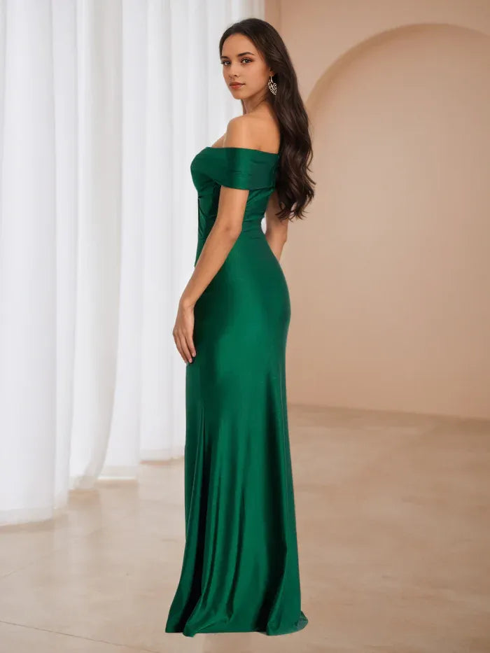 Green Emerald Prom Dress Off - Shoulder Neckline Bow Detail Side Slit for Timeless Gala Elegance