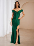 Green Emerald Prom Dress Off - Shoulder Neckline Bow Detail Side Slit for Timeless Gala Elegance