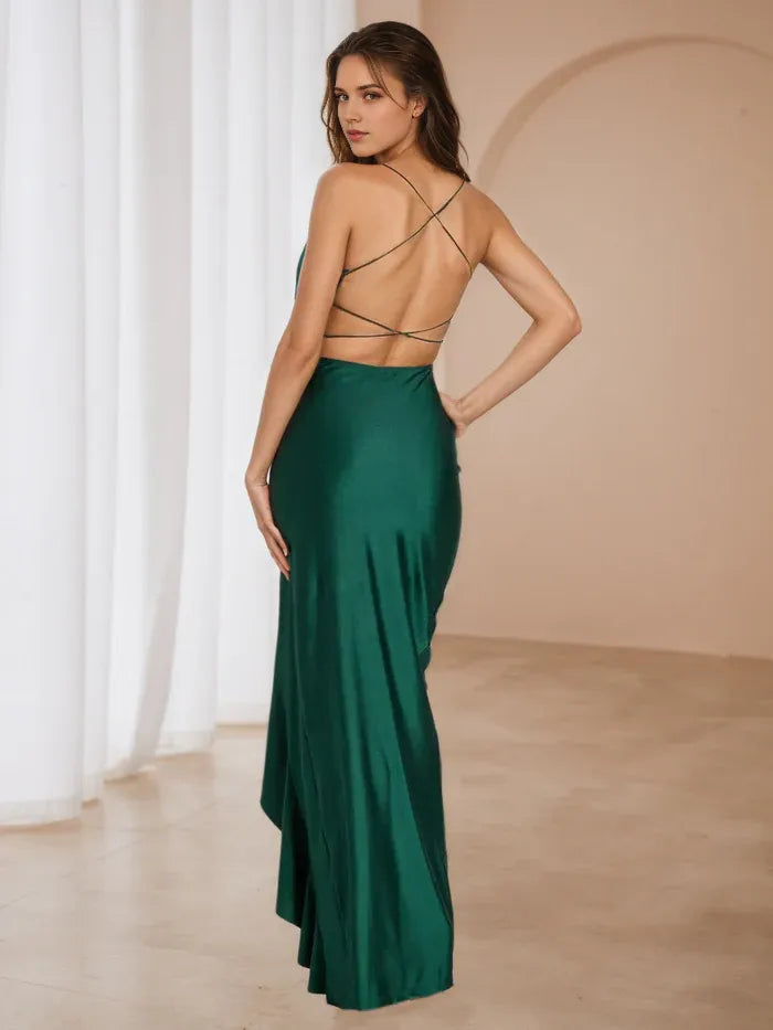Green Emerald Prom Dress Plunging V - Neck Spaghetti Straps Ruffled Side Slit for Timeless Gala Elegance