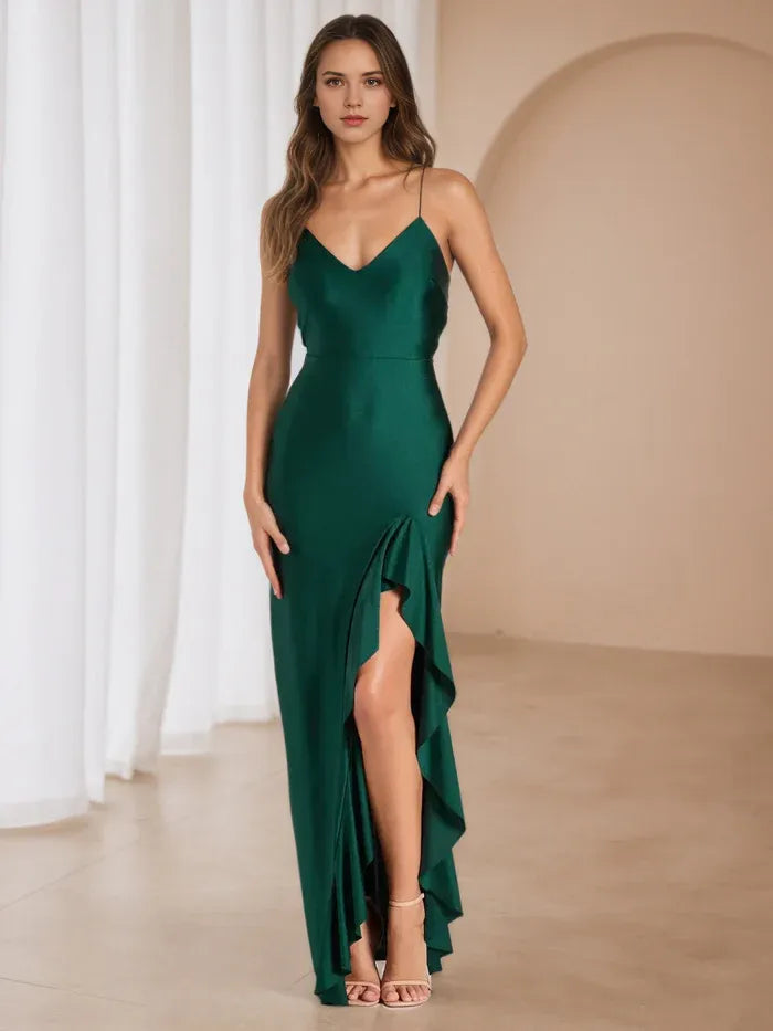 Green Emerald Prom Dress Plunging V - Neck Spaghetti Straps Ruffled Side Slit for Timeless Gala Elegance