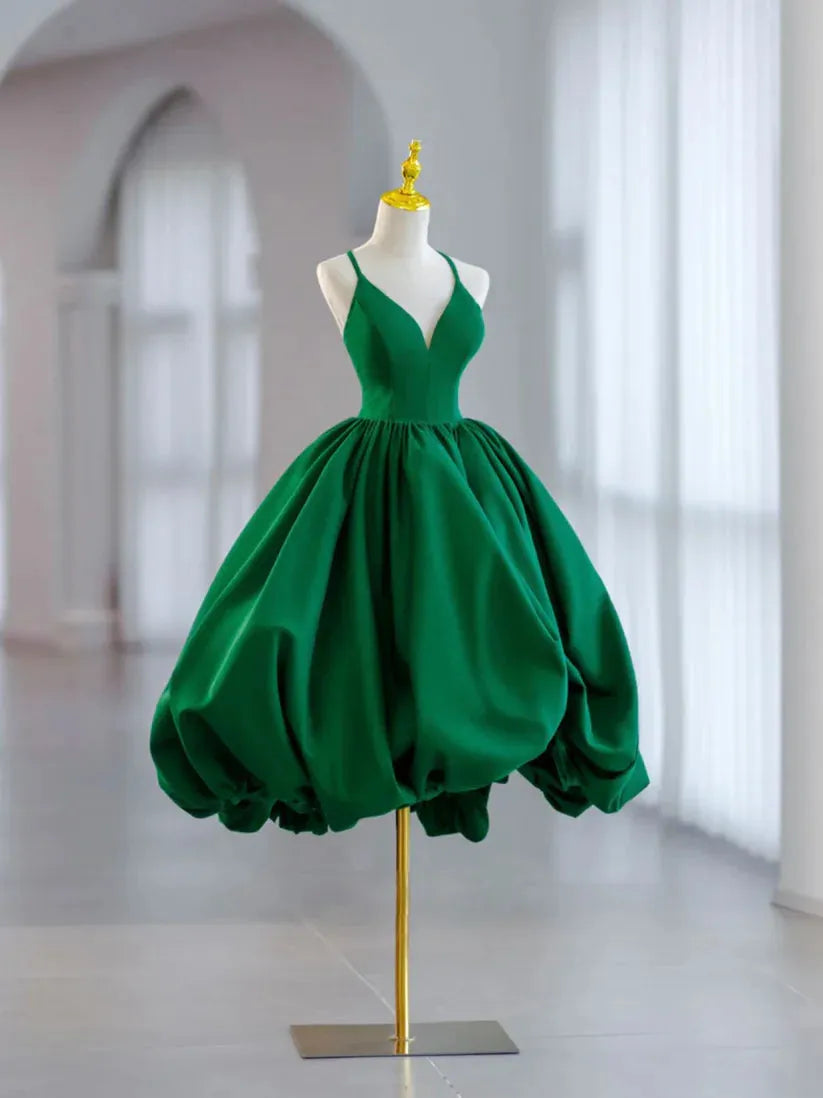 Green Emerald Spaghetti Strap Homecoming Dress with V Neckline and Balloon Skirt Regal Dramatic for School Dances
