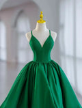 Green Emerald Spaghetti Strap Homecoming Dress with V Neckline and Balloon Skirt Regal Dramatic for School Dances