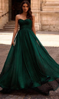 Green Emerald Strapless Evening Dresses with Draped Bodice Flowy Skirt and Train for Formal Occasions